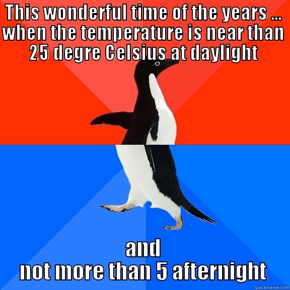 THIS WONDERFUL TIME OF THE YEARS ... WHEN THE TEMPERATURE IS NEAR THAN 25 DEGRE CELSIUS AT DAYLIGHT AND NOT MORE THAN 5 AFTERNIGHT Socially Awesome Awkward Penguin