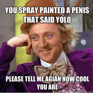 You spray painted a penIs that said YOLO please tell me agian how cool you are - You spray painted a penIs that said YOLO please tell me agian how cool you are  Willy Wonka Meme