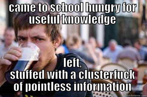 CAME TO SCHOOL HUNGRY FOR USEFUL KNOWLEDGE LEFT, STUFFED WITH A CLUSTERFUCK OF POINTLESS INFORMATION Lazy College Senior