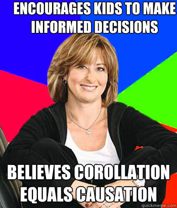 Encourages kids to make informed decisions believes corollation equals causation  Sheltering Suburban Mom