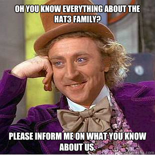 Oh you know everything about the hat3 family? Please inform me on what you know about us. - Oh you know everything about the hat3 family? Please inform me on what you know about us.  Condescending Wonka