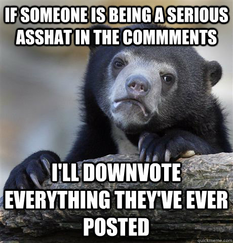 If someone is being a serious asshat in the commments I'll downvote  everything they've ever posted - If someone is being a serious asshat in the commments I'll downvote  everything they've ever posted  Confession Bear