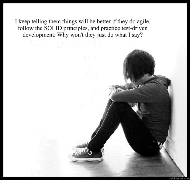 I keep telling them things will be better if they do agile, follow the SOLID principles, and practice test-driven development. Why won't they just do what I say?  Sad Youth