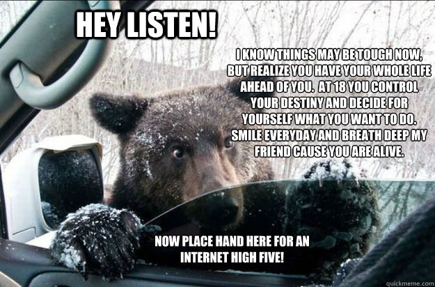 Hey listen! I know things may be tough now, but realize you have your whole life ahead of you.  At 18 you control your destiny and decide for yourself what you want to do.  Smile everyday and breath deep my friend cause you are alive. Now place hand here   Pep Talk Bear