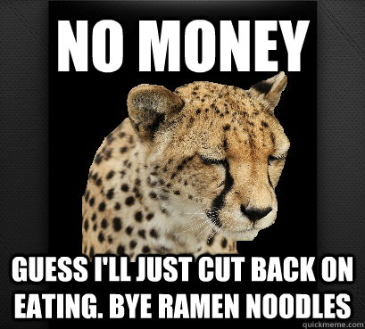 no money guess i'll just cut back on eating. bye ramen noodles  Defeated Cheetah