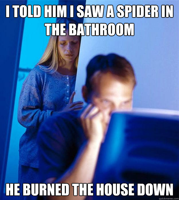 i told him i saw a spider in the bathroom he burned the house down - i told him i saw a spider in the bathroom he burned the house down  Redditors Wife