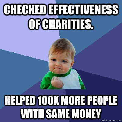 Checked effectiveness of charities. Helped 100x more people with same money  Success Kid