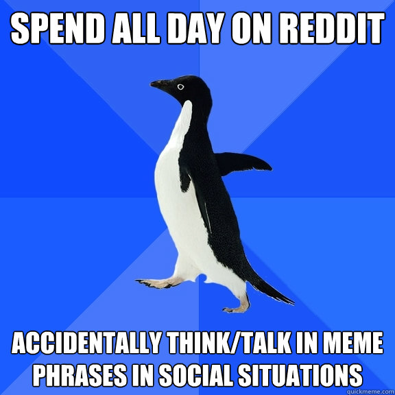 Spend all day on reddit accidentally think/talk in meme phrases in social situations - Spend all day on reddit accidentally think/talk in meme phrases in social situations  Socially Awkward Penguin