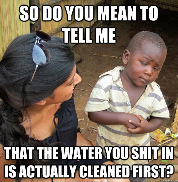 So do you mean to tell me  That the water you shit in is actually cleaned first?  Skeptical Third World Kid