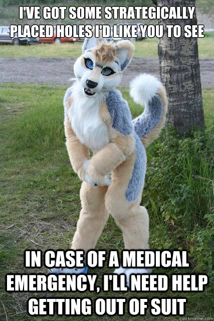 I've got some Strategically Placed Holes i'd like you to see in case of a medical emergency, i'll need help getting out of suit  Misunderstood furry