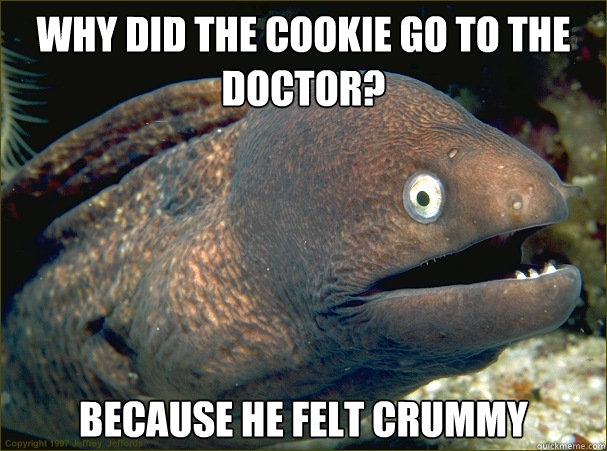 why did the cookie go to the doctor? because he felt crummy  Bad Joke Eel