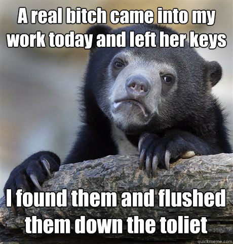 A real bitch came into my work today and left her keys I found them and flushed them down the toliet - A real bitch came into my work today and left her keys I found them and flushed them down the toliet  Confession Bear