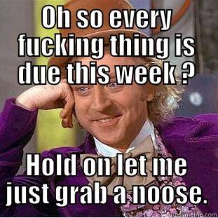 OH SO EVERY FUCKING THING IS DUE THIS WEEK ? HOLD ON LET ME JUST GRAB A NOOSE. Condescending Wonka