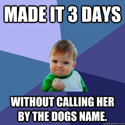 Made it 3 days without calling her by the dogs name.  Success Kid