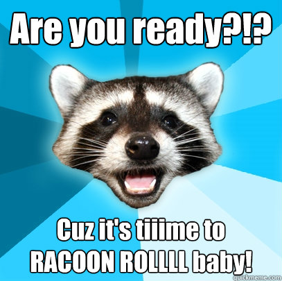 Are you ready?!? Cuz it's tiiime to 
RACOON ROLLLL baby!  - Are you ready?!? Cuz it's tiiime to 
RACOON ROLLLL baby!   Lame Pun Coon