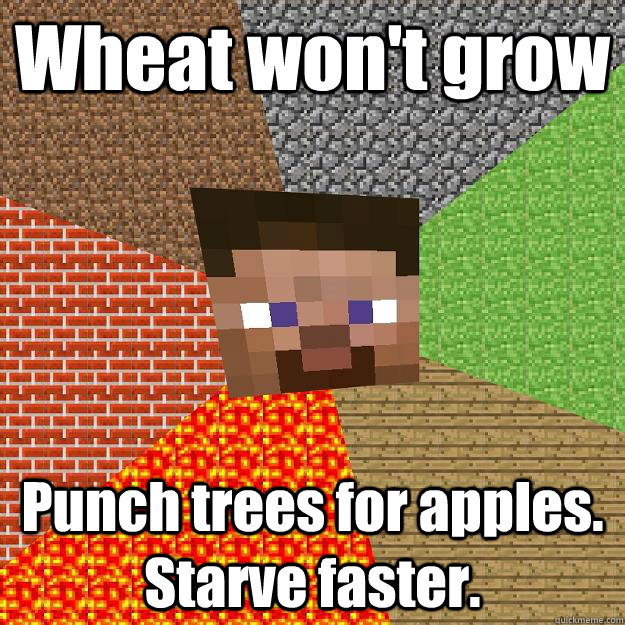 Wheat won't grow Punch trees for apples. Starve faster.  Minecraft