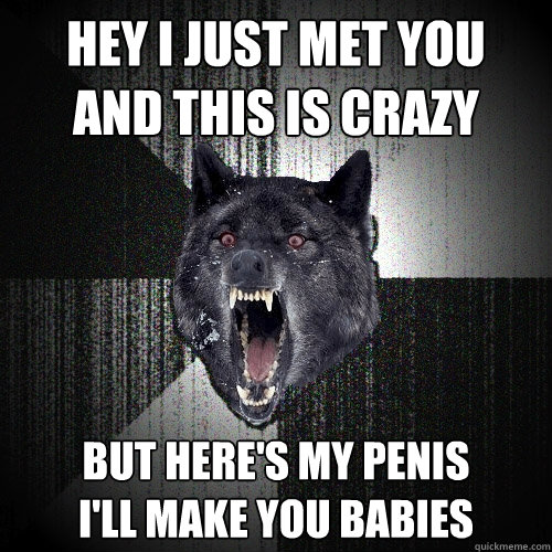 Hey I just met you 
And this is Crazy But Here's My Penis
I'll make you babies - Hey I just met you 
And this is Crazy But Here's My Penis
I'll make you babies  Insanity Wolf