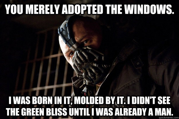 You merely adopted the windows. I was born in it, molded by it. I didn't see the green bliss until I was already a man.  Angry Bane