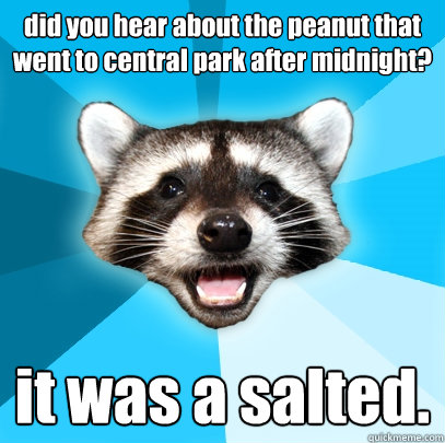 did you hear about the peanut that went to central park after midnight? it was a salted. - did you hear about the peanut that went to central park after midnight? it was a salted.  Lame Pun Coon