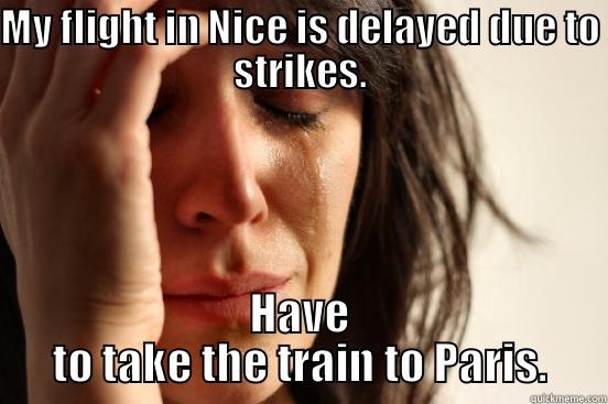 MY FLIGHT IN NICE IS DELAYED DUE TO STRIKES. HAVE TO TAKE THE TRAIN TO PARIS. First World Problems