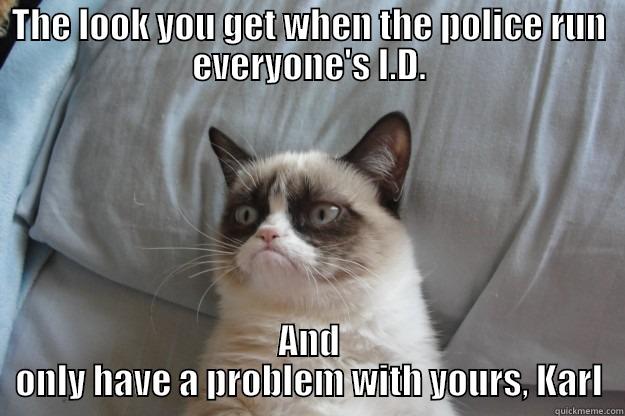 THE LOOK YOU GET WHEN THE POLICE RUN EVERYONE'S I.D. AND ONLY HAVE A PROBLEM WITH YOURS, KARL Grumpy Cat