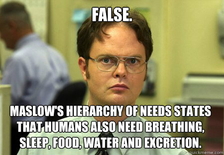 False. Maslow's hierarchy of needs states that humans also need breathing, sleep, food, water and excretion.  Dwight