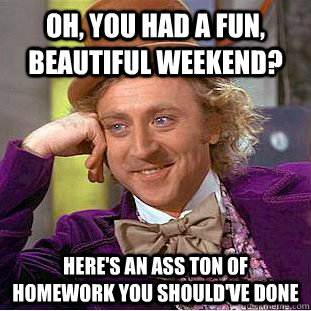 Oh, you had a fun, beautiful weekend? Here's an ass ton of homework you should've done  Condescending Wonka