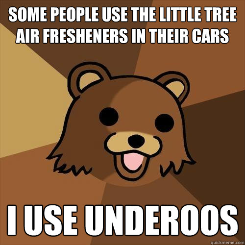 Some people use the little tree air fresheners in their cars I use Underoos  Pedobear