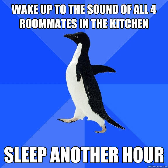 wake up to the sound of all 4 roommates in the kitchen sleep another hour  