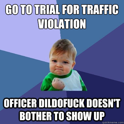 go to trial for traffic violation officer dildofuck doesn't bother to show up  Success Kid