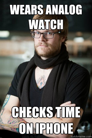 Wears analog watch checks time on iphone  Hipster Barista