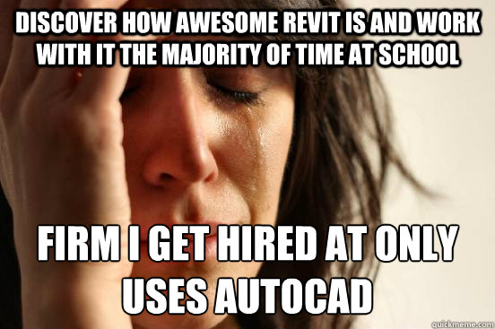 discover how awesome revit is and work with it the majority of time at school firm I get hired at only uses autocad  First World Problems