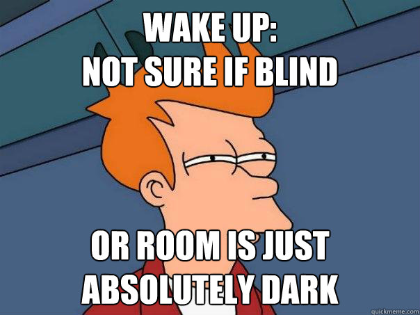 Wake up:
Not sure if blind Or room is just absolutely dark  Futurama Fry