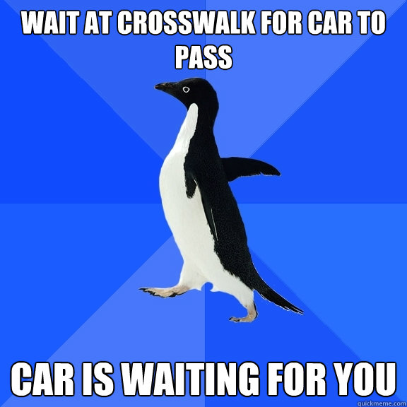 Wait at crosswalk for car to pass car is waiting for you - Wait at crosswalk for car to pass car is waiting for you  Socially Awkward Penguin