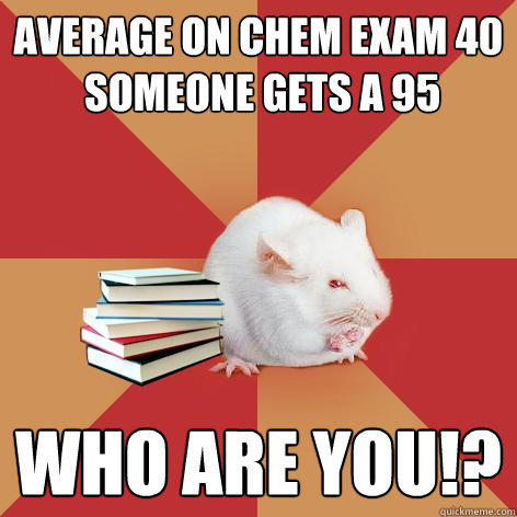 Average on Chem exam 40
 someone gets a 95 who are you!? - Average on Chem exam 40
 someone gets a 95 who are you!?  Science Major Mouse