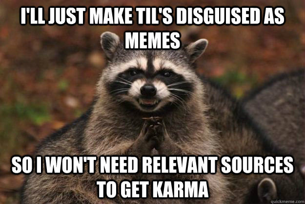 I'll just make TIL's DISGUISED AS MEMES so I WON'T NEED RELEVANT SOURCES TO GET KARMA - I'll just make TIL's DISGUISED AS MEMES so I WON'T NEED RELEVANT SOURCES TO GET KARMA  Evil Plotting Raccoon