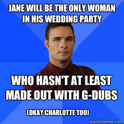 Jane will be the only woman in his wedding party who hasn't at least made out with G-dubs (okay charlotte too)  Socially Awkward Darcy