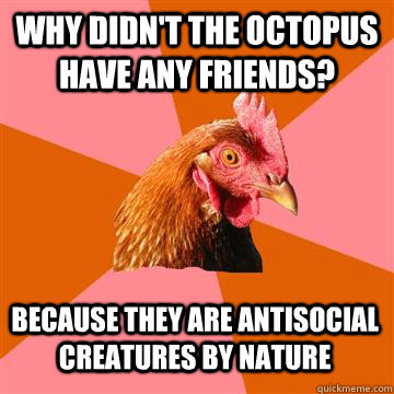 why didn't the octopus have any friends? because they are antisocial creatures by nature  Anti-Joke Chicken