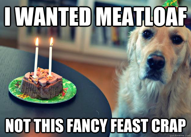 i wanted meatloaf not this fancy feast crap  Sad Birthday Dog