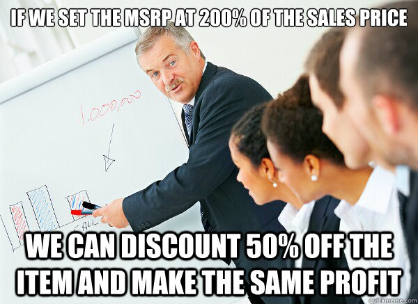 If we set the MSRP at 200% of the sales price We can discount 50% off the item and make the same profit - If we set the MSRP at 200% of the sales price We can discount 50% off the item and make the same profit  Marketing Logic