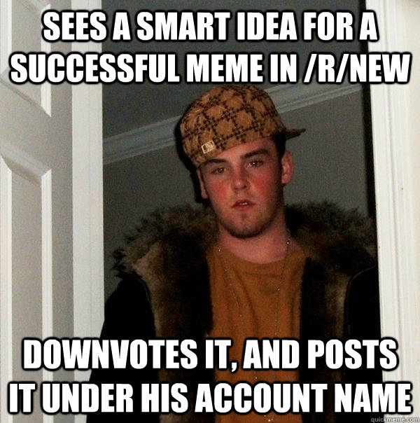 sees a smart idea for a successful meme in /r/new downvotes it, and posts it under his account name  Scumbag Steve