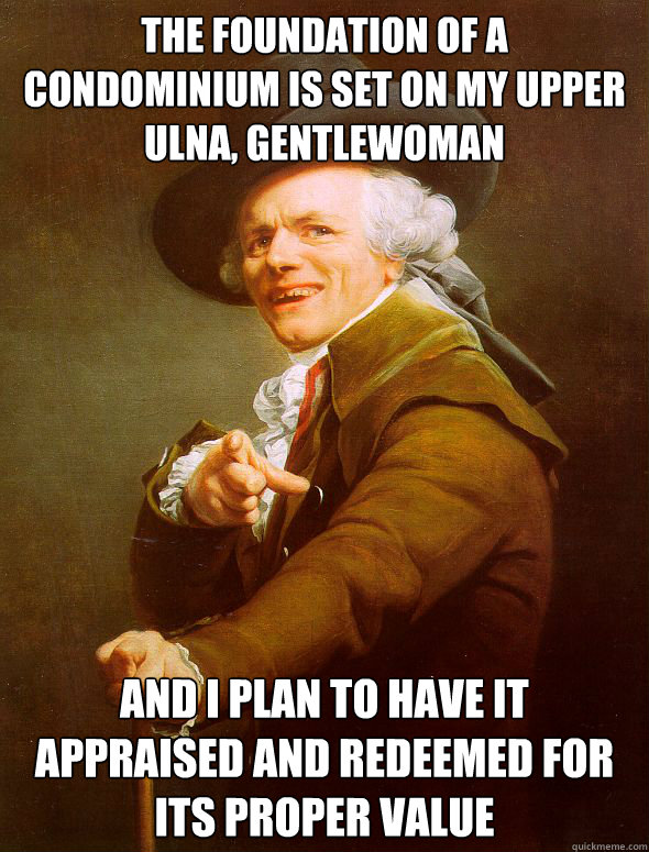 The foundation of a condominium is set on my upper ulna, gentlewoman And I plan to have it appraised and redeemed for its proper value  Joseph Ducreux