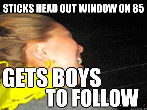 sticks head out window on 85 gets boys to follow - sticks head out window on 85 gets boys to follow  Misc