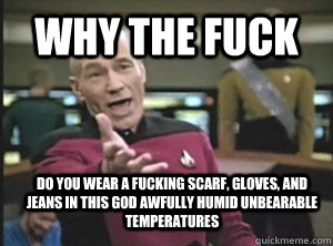 why the fuck do you wear a fucking scarf, gloves, and jeans in this god awfully humid unbearable temperatures - why the fuck do you wear a fucking scarf, gloves, and jeans in this god awfully humid unbearable temperatures  Annoyed Picard