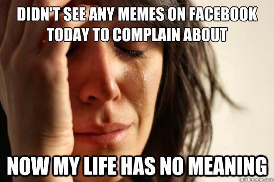 Didn't see any memes on facebook today to complain about now my life has no meaning - Didn't see any memes on facebook today to complain about now my life has no meaning  First World Problems