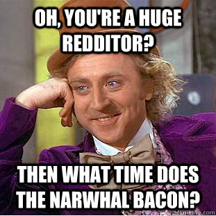 Oh, you're A huge redditor? Then what time does the narwhal bacon?  Condescending Wonka