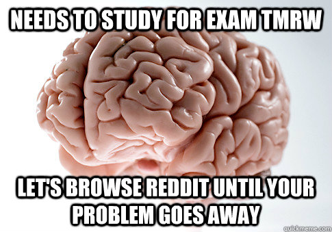 Needs to study for exam tmrw let's browse reddit until your problem goes away  Scumbag Brain