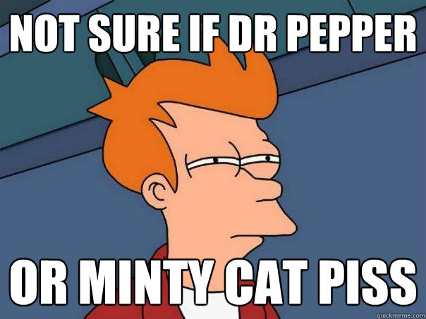 Not sure if Dr Pepper or minty cat piss - Not sure if Dr Pepper or minty cat piss  Futurama Fry