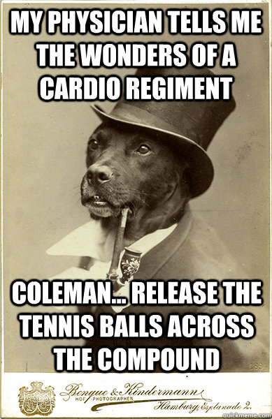 my physician tells me the wonders of a cardio regiment  Coleman... release the tennis balls across the compound - my physician tells me the wonders of a cardio regiment  Coleman... release the tennis balls across the compound  Old Money Dog