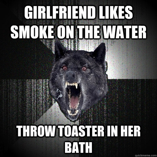 girlfriend likes Smoke on the water  Throw toaster In her bath  Insanity Wolf